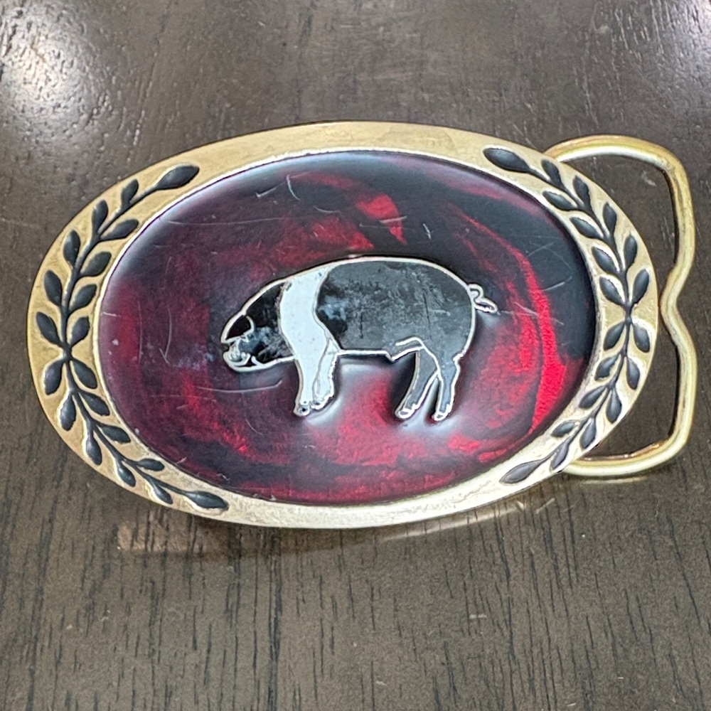 Gold and Red Pig Design Belt Buckle